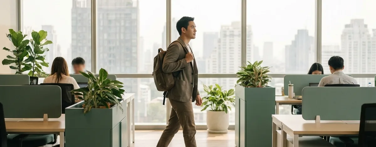 พนักงานเดินออกจากออฟฟิศเพื่อเริ่มงานใหม่